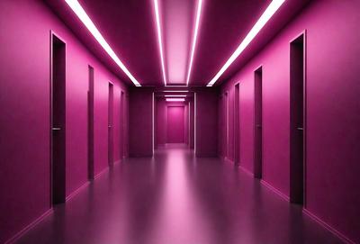 The primary subject of the image is a hallway with pink walls and a pink floor. The setting is a long, narrow corridor with doors on both sides. The visual style is a digital art, creating a unique and vibrant atmosphere. The colors and mood are predominantly pink, giving the hallway a warm and inviting feel.