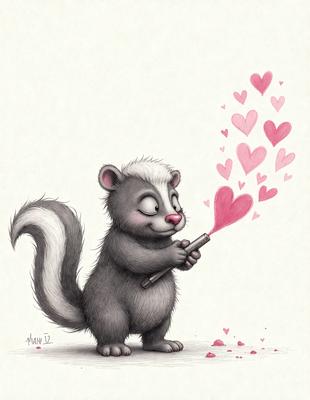 The primary subject of the image is a cartoon-like animal, possibly a squirrel or a cat, holding a pink heart in its paws. The setting is a white background, which provides a clean and simple backdrop for the scene. The visual style is a combination of digital art and illustration, creating a whimsical and playful atmosphere. The colors are predominantly pink and white, which adds to the overall mood of the image.