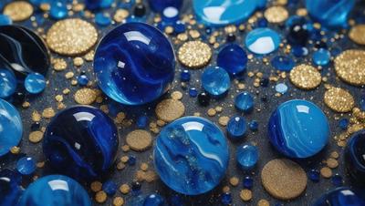 The primary subject of the image is a collection of blue glass beads. The beads are scattered across a black background, creating a visually striking contrast. The setting appears to be a dark room, with the beads being the main focus of the image. The visual style is a close-up of the beads, showcasing their unique shapes and colors. The dominant colors in the image are blue and black, giving the scene a moody and dramatic atmosphere.