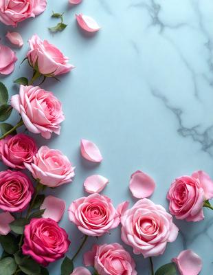 The primary subject of the image is a bouquet of pink roses. The setting is a blue marble countertop, which serves as the backdrop for the flowers. The visual style is a close-up of the roses, showcasing their delicate petals and vibrant color. The dominant colors in the image are pink and blue, creating a serene and elegant atmosphere.