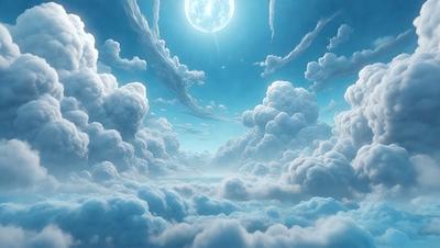 The primary subject of the image is a beautiful, cloudy sky filled with wispy clouds. The setting is a nighttime scene, with the moon visible in the sky. The visual style is a digital art or illustration, creating a serene and dreamy atmosphere. The colors are predominantly blue and white, with the clouds adding a touch of gray. The overall mood of the image is one of tranquility and peacefulness.