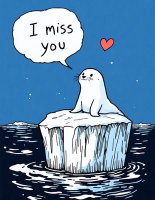 The image features a cute cartoon seal sitting on a piece of ice. The seal is the primary subject, and it appears to be looking at the viewer. The setting is a blue sky, and the visual style is a combination of digital art and illustration. The colors are predominantly blue and white, creating a calm and serene atmosphere.