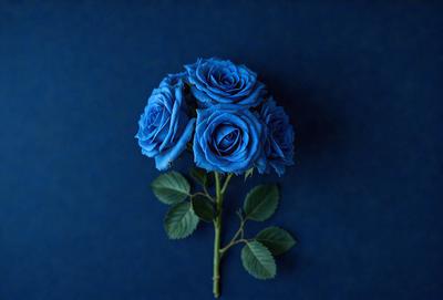 The primary subject of the image is a single blue rose. The setting is a dark blue background, which creates a dramatic and moody atmosphere. The visual style is a close-up of the rose, emphasizing its beauty and details. The colors and mood of the image are predominantly dark and mysterious, with the blue rose standing out as the focal point.