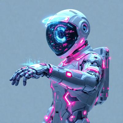 The primary subject of the image is a futuristic robot with a pink and white color scheme. The robot is wearing a helmet and has a pink visor. The setting is a gray background, which contrasts with the robot's colors. The visual style is digital art, as the robot appears to be a 3D model. The colors and mood of the image are vibrant and energetic, with the pink and white colors creating a sense of warmth and friendliness.