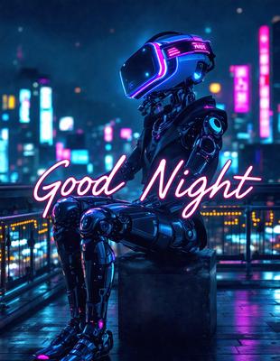 The primary subject of the image is a futuristic robot sitting on a bench. The robot is wearing a neon-colored helmet, which adds a unique and eye-catching element to the scene. The setting is a cityscape at night, with a bridge visible in the background. The visual style of the image is a combination of photo and digital art, creating a striking and surreal atmosphere. The dominant colors in the image are neon pink and purple, which contribute to the futuristic and