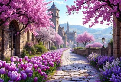 The primary subject of the image is a beautifully paved path lined with purple flowers, specifically tulips. The setting is a picturesque countryside with a castle in the background, adding a sense of history and charm to the scene. The visual style is a combination of photo and digital art, creating a vibrant and lively atmosphere. The dominant colors are purple and pink, which evoke a sense of romance and serenity.