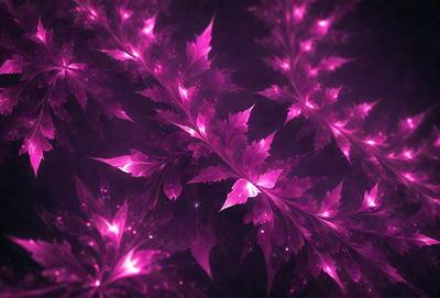 The primary subject of the image is a close-up of a purple leaf with a pink background. The leaf is surrounded by other purple leaves, creating a visually striking scene. The visual style of the image is a combination of a photo and digital art, as it appears to be a close-up of a real leaf, but the background and overall atmosphere are pink and purple, which gives it a unique and artistic appearance. The colors and mood of the image are predominantly purple and pink,