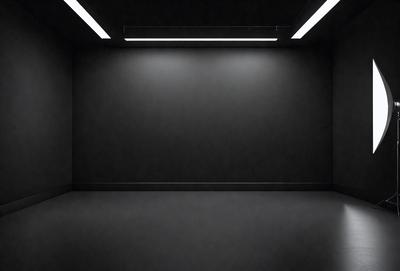 The primary subject of the image is a black wall with a single light source shining on it. The setting is a dark room, and the visual style is a black and white photo. The dominant colors are black and white, creating a moody atmosphere.