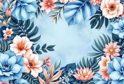 The primary subject of the image is a beautifully illustrated floral pattern featuring a variety of flowers and leaves. The setting is a blue background, which adds a sense of depth and contrast to the image. The visual style is a combination of digital art and illustration, creating a vibrant and lively atmosphere. The dominant colors are blue, pink, and white, which contribute to the overall mood of the image, evoking a sense of tranquility and natural beauty.