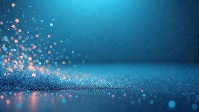 The primary subject of the image is a blue background with a sprinkling of blue glitter. The setting is a dark room, and the visual style is a digital art or illustration. The colors and mood of the image are predominantly blue, creating a calm and serene atmosphere.