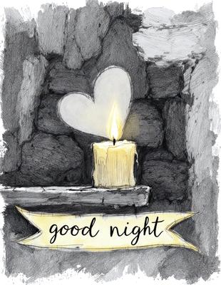 The primary subject of the image is a lit candle placed on a wooden table. The setting is a dark room, and the visual style is a black and white drawing. The dominant colors are black and white, creating a moody and intimate atmosphere.