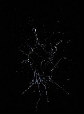 The primary subject of the image is a close-up of a splash of water, which appears to be a digital art or illustration. The setting is a dark background, which adds to the dramatic effect of the water splash. The visual style is modern and captivating, with the water droplets creating a dynamic and visually appealing scene. The colors and mood of the image are predominantly dark, with the water droplets being the main focus and source of light in the scene.