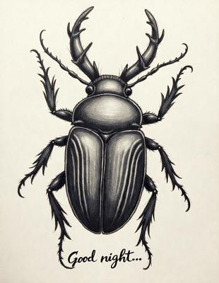 The primary subject of the image is a black and white drawing of a beetle. The setting is a white background, and the visual style is a detailed illustration. The colors and mood of the image are predominantly black and white, giving it a classic and timeless appearance.