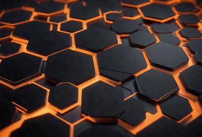 The primary subject of the image is a close-up of a black and orange honeycomb pattern. The setting is a black background, which contrasts with the vibrant colors of the honeycomb. The visual style is a combination of a photo and digital art, creating a unique and intriguing pattern. The dominant colors are black and orange, with the orange honeycomb elements standing out against the black background. The overall atmosphere of the image is captivating and visually appealing.