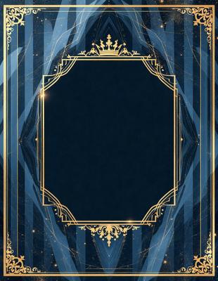 The primary subject of the image is a decorative, ornate frame with a blue background. The setting is a patterned background, which adds to the visual style. The overall atmosphere is elegant and sophisticated, with the blue color and gold accents creating a sense of luxury.