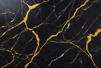 The primary subject of the image is a marble countertop with a black and gold pattern. The setting is a kitchen, and the visual style is a close-up of the countertop. The dominant colors are black and gold, creating a luxurious and elegant atmosphere.
