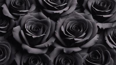 The primary subject of the image is a close-up of a bouquet of black roses. The setting is a dark background, which emphasizes the contrast between the black roses and the rest of the image. The visual style is a black and white photo, giving the image a classic and timeless appearance. The dominant colors are black and white, creating a moody and dramatic atmosphere.