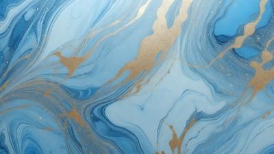 The primary subject of the image is a blue and gold swirling pattern, which appears to be a painting or a digital artwork. The setting is a blue background, and the visual style is a combination of photo and digital art. The dominant colors are blue and gold, creating a vibrant and lively atmosphere.