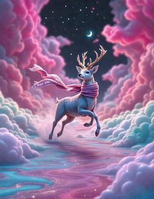 Primary subject: A deer with a scarf around its neck.

Setting/background: A pink and purple sky with clouds.

Visual style: Digital art.

Colors and mood: The image is predominantly pink and purple, creating a whimsical and dreamy atmosphere.