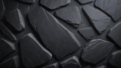 The primary subject of the image is a large black rock wall. The setting is a dark room with a black background, creating a dramatic and moody atmosphere. The visual style is a close-up of the rock wall, showcasing its texture and details. The colors are predominantly black, with the rock wall being the main focus of the image.