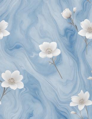 The primary subject of the image is a close-up of a white flower, which is the main focus of the image. The setting is a blue and white marbled surface, which serves as the backdrop for the flower. The visual style of the image is a combination of photo and digital art, creating a realistic yet artistic representation of the flower. The dominant colors in the image are white and blue, giving the scene a clean and serene atmosphere.