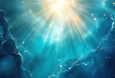 The primary subject of the image is a bright sun shining through the clouds, creating a beautiful and serene atmosphere. The setting is a blue sky with clouds, and the visual style is a digital art or illustration. The colors and mood are predominantly blue, with a hint of yellow from the sunlight, creating a sense of calmness and tranquility.