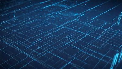 The primary subject of the image is a blue grid pattern. The setting is a blue background, and the visual style appears to be a digital art or illustration. The dominant colors are blue and black, creating a calm and modern atmosphere.
