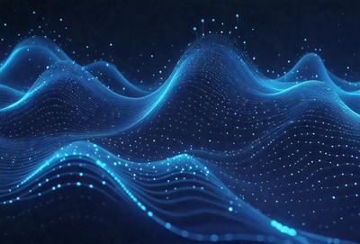 The primary subject of the image is a blue wave pattern, which is the main object, scene, or focus of the image. The setting or background is a dark blue surface, and the visual style is a digital art or illustration. The dominant colors and overall atmosphere are a mix of blue and purple hues, creating a serene and calming mood.