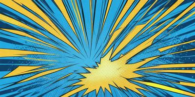 The primary subject of the image is a yellow and blue explosion, which is the main focus of the scene. The setting is a blue background, and the visual style appears to be a digital art or illustration. The colors and mood of the image are vibrant and energetic, with the yellow and blue hues creating a sense of excitement and movement.