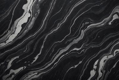 The primary subject of the image is a black and white patterned surface, which appears to be a marble or stone texture. The setting is a dark background, which contrasts with the patterned surface. The visual style is a close-up of the pattern, showcasing the intricate details of the design. The colors and mood of the image are predominantly dark, with the black and white pattern creating a sense of depth and complexity.