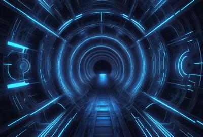 The primary subject of the image is a futuristic tunnel with a blue lighting effect. The tunnel appears to be a part of a larger structure, possibly a space station or a transportation system. The setting is a dark, enclosed space with a blue glow illuminating the tunnel. The visual style of the image is a combination of digital art and illustration, creating a sense of depth and intrigue. The dominant colors in the image are blue and black, giving the scene a futuristic and mysterious atmosphere.