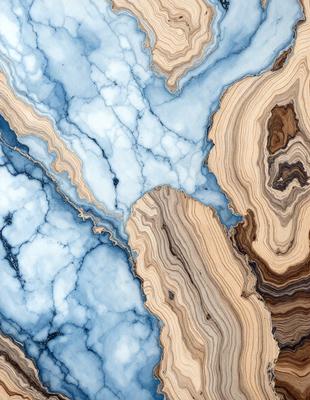 The primary subject of the image is a marble countertop with a unique and intricate design. The setting is a kitchen, with the countertop being the main focus of the scene. The visual style is a combination of a photo and digital art, creating a realistic yet artistic representation of the marble countertop. The colors and mood of the image are predominantly blue and gray, giving it a calm and sophisticated atmosphere.