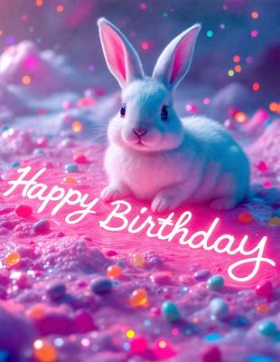 The primary subject of the image is a white rabbit sitting on a pink surface. The setting is a colorful and vibrant environment, with a background featuring a pink and purple color scheme. The visual style of the image is a combination of photo and digital art, creating a unique and eye-catching scene. The dominant colors and overall atmosphere of the image are bright, cheerful, and lively, making it an ideal representation of a happy birthday celebration.