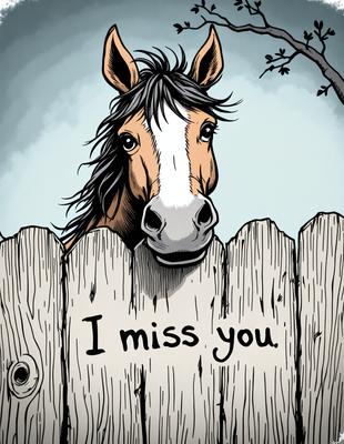 The primary subject of the image is a brown horse with a white stripe on its face, standing behind a wooden fence. The horse appears to be looking over the fence, possibly at the viewer. The setting is outdoors, with a blue sky visible in the background. The visual style is a combination of digital art and illustration, creating a whimsical and playful atmosphere. The colors are predominantly earth tones, with the horse's white stripe and the wooden fence adding contrast to the scene