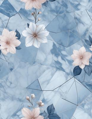 The primary subject of the image is a close-up of a flower, which is the main focus of the image. The setting is a blue marble surface, which serves as the backdrop for the flower. The visual style of the image is a combination of photo and digital art, creating a unique and artistic representation of the flower. The dominant colors in the image are blue and white, giving the scene a calm and serene atmosphere.