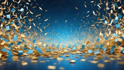 The primary subject of the image is a blue background with gold confetti falling on it. The setting appears to be a celebration or a festive event. The visual style is a combination of a photo and digital art, creating a unique and eye-catching effect. The colors and mood of the image are vibrant and lively, with the gold confetti adding a touch of warmth and excitement to the scene.