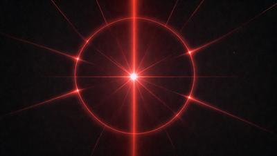 The primary subject of the image is a red circle, which appears to be a sun or a light source. The circle is located in the center of the image, and it is surrounded by a black background. The visual style of the image is a combination of a photo and a digital art, as it has a slightly blurred appearance. The dominant colors in the image are red and black, creating a bold and striking visual effect.