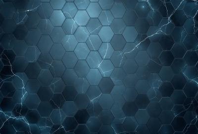 The primary subject of the image is a blue and white hexagonal pattern. The setting is a dark blue background, which creates a contrasting and dramatic effect. The visual style is a combination of digital art and illustration, giving the image a unique and artistic appearance. The dominant colors are blue and white, creating a calm and serene atmosphere.