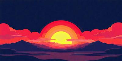 The primary subject of the image is a beautiful sunset, with the sun setting over a body of water. The setting is a serene beach or ocean, with the sun's rays creating a warm and inviting atmosphere. The visual style of the image is a combination of digital art and illustration, with the sunset depicted in vibrant colors and intricate details. The overall mood of the image is one of tranquility and relaxation, as the viewer is drawn into the peaceful scene of the sun