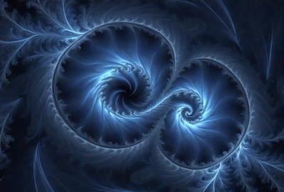 The primary subject of the image is a blue spiral pattern, which appears to be a digital art or illustration. The setting is a dark blue background, creating a contrasting and visually striking scene. The visual style is a combination of digital art and illustration, giving the image a unique and artistic appearance. The dominant colors are blue and black, creating a mood of depth and intrigue.