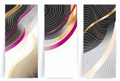 The primary subject of the image is a painting or artwork featuring three different colored stripes. The setting is a white wall, and the visual style appears to be a combination of digital art and illustration. The colors and mood of the image are predominantly black, white, and gold, creating a striking and elegant appearance.