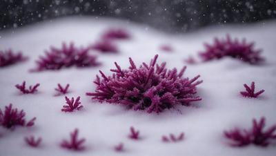 The primary subject of the image is a purple plant with a snowy background. The plant is surrounded by a snowy landscape, creating a unique and visually striking scene. The visual style of the image is a combination of photo and digital art, as it captures the beauty of the purple plant in a snowy environment. The colors and mood of the image are predominantly purple and cold, with the snowy background adding a sense of tranquility and serenity to the scene.