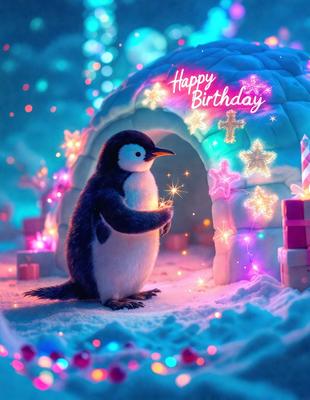 The primary subject of the image is a penguin standing in front of a snow-covered igloo. The setting is a wintery environment with a snowy surface. The visual style is a digital art or illustration, creating a whimsical and festive atmosphere. The colors are predominantly white and blue, with the penguin being predominantly white and the igloo being covered in snow. The overall mood is joyful and celebratory, as the penguin is holding a sparkler,