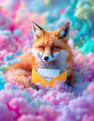 The primary subject of the image is a small red fox sitting on a pink cloud. The setting is a colorful, whimsical environment with a mix of pink, blue, and yellow colors. The visual style appears to be a combination of photo and digital art, creating a unique and vibrant scene. The overall atmosphere is playful and lighthearted, with the fox holding a card that reads "I miss you."