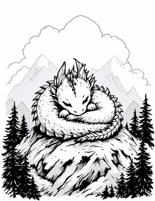The primary subject of the image is a large dragon, possibly a baby dragon, sitting on a rocky surface. The dragon appears to be curled up, possibly sleeping or resting. The setting is a mountainous area, with a mountain visible in the background. The visual style of the image is a black and white drawing, giving it a classic and timeless appearance. The dominant colors are shades of gray, black, and white, creating a moody and dramatic atmosphere.