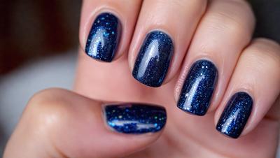 The primary subject of the image is a person's hand holding a blue nail polish bottle. The setting is a room with a white background. The visual style is a photo, and the dominant colors are blue and black. The overall atmosphere is calm and focused on the nail polish bottle.