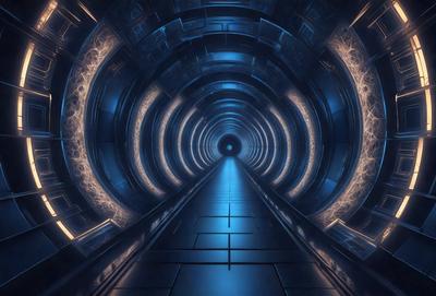 The primary subject of the image is a long, narrow, and dark tunnel. The setting is a tunnel with a blue light illuminating the space. The visual style is a digital art or illustration, creating a futuristic and mysterious atmosphere. The dominant colors are blue and black, with the blue light adding a sense of depth and intrigue to the scene.