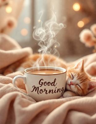 The primary subject of the image is a cat lying on a blanket, with a cup of coffee nearby. The setting is a cozy and comfortable environment, likely a bedroom or a living space. The visual style is a photo, capturing the cat and the coffee cup in a realistic manner. The colors and mood of the image are warm and inviting, with the cat and the coffee cup creating a sense of relaxation and leisure.