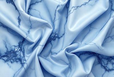 The primary subject of the image is a blue fabric, possibly a piece of silk, with a marbled pattern. The setting is a blue background, which complements the fabric's color. The visual style is a close-up of the fabric, showcasing its texture and pattern. The colors and mood of the image are predominantly blue, creating a calm and serene atmosphere.