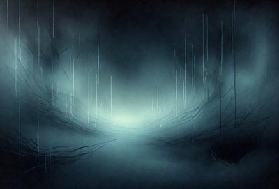 The primary subject of the image is a blue sky with a few clouds. The setting is a dark, cloudy sky, and the visual style is a digital art or illustration. The colors and mood of the image are dark and moody, with the blue sky contrasting against the clouds and the overall atmosphere being somewhat ominous.